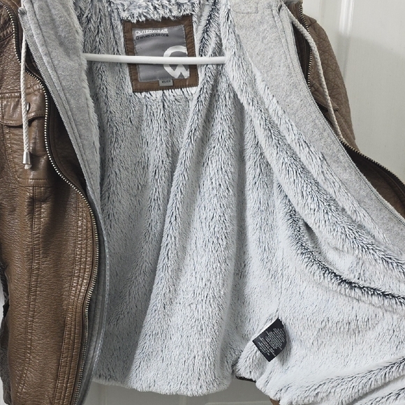 Brown Leather Jacket with Gray Hoodie - Picture 5 of 7